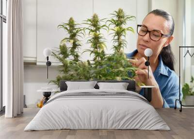 Portrait of a smiling smiling woman pointing with her hands at a cannabis bush at home, growing cannabis at home, breeding cannabis bushes for medical purposes. Wall mural