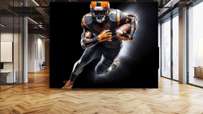 Portrait of American football player running with the ball. Muscular African American athlete in a black and orange uniform with an ovoid ball in a dynamic pose. Isolated on black background. Wall mural