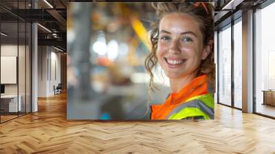 Professional woman in a neon safety vest at a construction site Wall mural