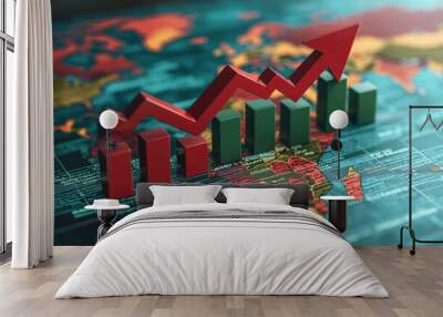 Red arrow pointing upwards on green bar graph with world map background symbolizing global economic growth Wall mural