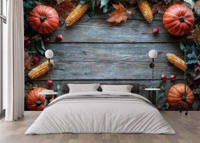 Rustic wooden background with vibrant autumn elements like pumpkins, corn, and leaves creating a seasonal frame Wall mural