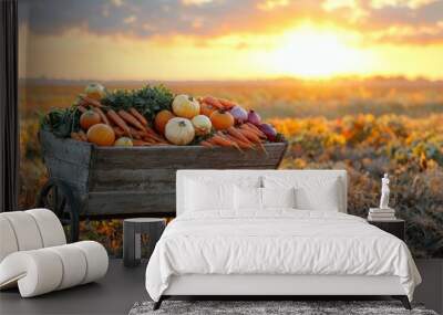 Rustic wooden cart filled with fresh autumn produce including pumpkins, carrots, and onions in a sunlit field at sunset Wall mural