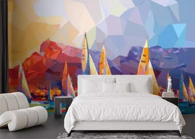 Sailing competition off the coast of Marseille with vibrant boats against a colorful abstract backdrop Wall mural