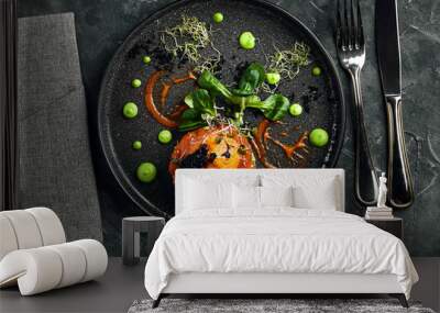 Salmon tartare with avocado and vegetables, a beautiful layout by the chef, a beautiful malohot - marble background. Food photo, advertising banner, copy space, Italian cuisine Wall mural