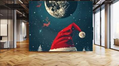 Santa hat floating in space with the moon and reindeer in a magical Christmas landscape Wall mural