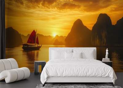 Scenic Chinese landscape with traditional architecture and lanterns in a vibrant autumn setting at sunset Wall mural