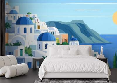 Scenic view of Santorini village with traditional white and blue architecture overlooking the Aegean Sea under a bright sun Wall mural