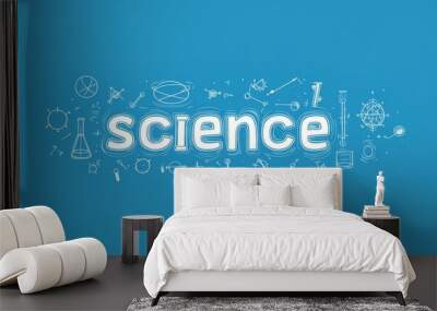 Science banner with blue background and scientific icons surrounding the word science Wall mural