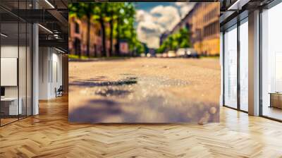 Sunny day after rain in the city, the empty road. Close up view from the asphalt level Wall mural