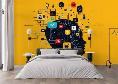 Silhouette of an adult head filled with colorful digital icons representing technology and communication in a modern interconnected world Wall mural