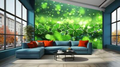 St. Patrick's Day glowing green shamrocks against a dark background with sparkling waves of festive lights Wall mural