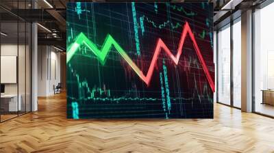 Stock market chart showing green uptrend and red downtrend lines indicating market fluctuations Wall mural