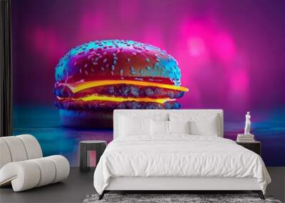 Surreal neon-lit hamburger with vibrant pink and blue lighting Wall mural