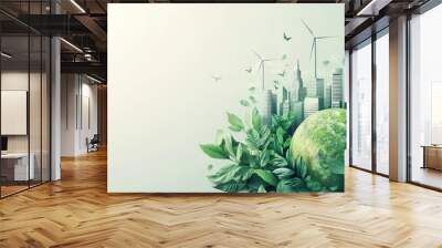 Sustainable future concept with green earth surrounded by lush foliage and wind turbines amidst a modern cityscape Wall mural