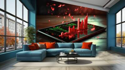 Tablet with financial rise and fall chart. Green and red 3D graphs of financial stock market, energy prices, business and technology development. Financial analysis, results and forecasts. Template. Wall mural