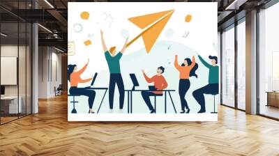 Team of professionals collaborating and celebrating success in modern workspace Wall mural