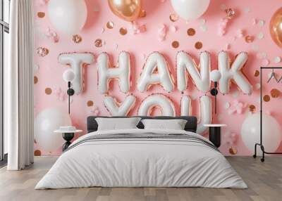 Thank you balloon message with festive decoration on pink background Wall mural