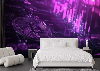 The concept of cryptocurrency allowing seamless digital asset management in dark purple and silver colors Wall mural