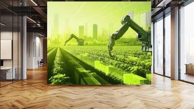 The concept of robotic crop thinning in smart farming in lime green and steel gray colors Wall mural