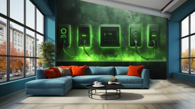 The concept of smart energy-saving power strips in dark gray and bright green colors Wall mural