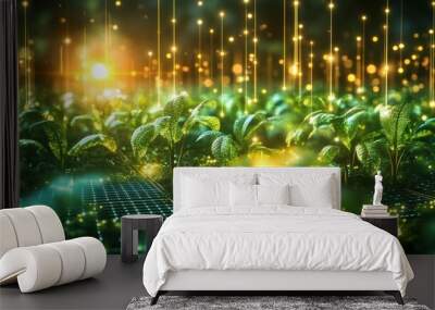 The concept of solar energy reducing costs for agriculture in vibrant greens and glowing golds Wall mural