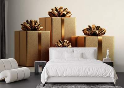 Three golden gift boxes in various sizes adorned with elegant bows for a luxurious holiday celebration or special occasion Wall mural