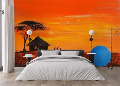 Traditional African landscape at sunset with people and a tribal hut Wall mural