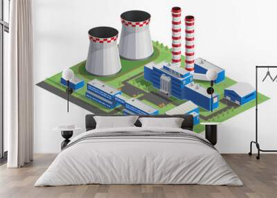 Vector illustration of isometry, cooling tower, hydro power station, factory, infographic, website icon, 3d. Energy production. Wall mural