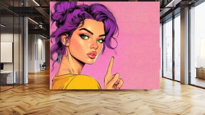 Vibrant comic-style pop art portrait of a confident woman with striking purple hair and vivid green eyes pointing upward against a pink polka dot background Wall mural