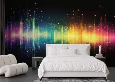 Vibrant graphic of colorful sound waves with glowing digital effects on a dark background, representing music and technology Wall mural