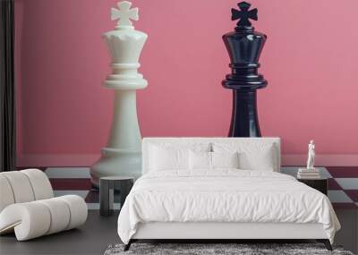 White and black queen chess pieces on a pink background with chess board Wall mural