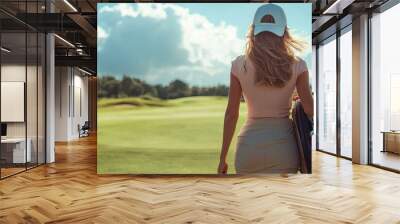 Woman in golf attire strolls along sunlit fairway with a golf bag on a beautifully clear day Wall mural