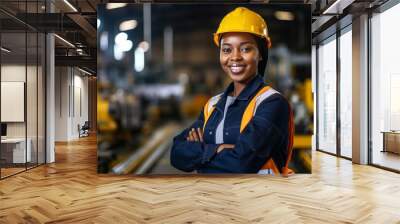 Young cheerful African American female engineer, technician or factory worker. A confident black woman in a protective helmet and vest stands in a workshop against the background of machines. Wall mural