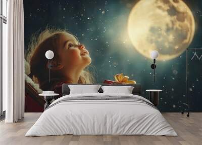 Young girl gazing up at the sky holding a gift under the moonlight, capturing a magical and festive atmosphere during the holiday season Wall mural