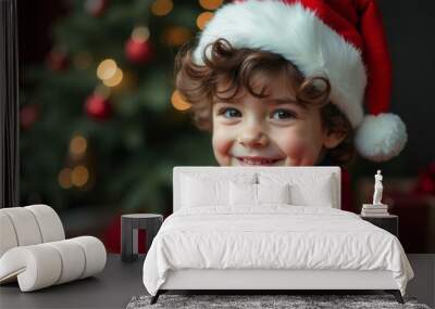 A cute little happy cheerful boy in a Santa Claus hat on the background of Christmas lights. Wall mural