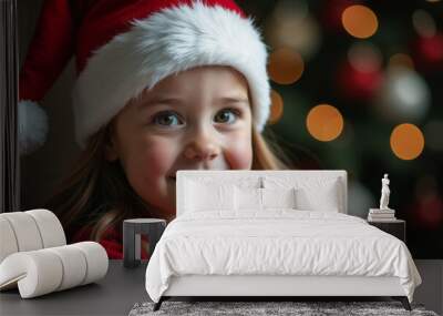 A cute little happy cheerful girl in a Santa Claus hat on the background of Christmas lights. Wall mural