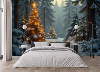 Magical Christmas festive forest, golden sparkling lights. New Year card. Wall mural