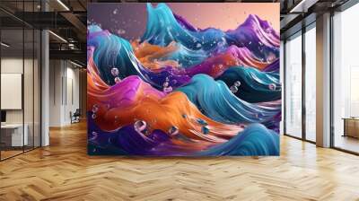 Abstract Colorful Waves with Water Droplets Wall mural