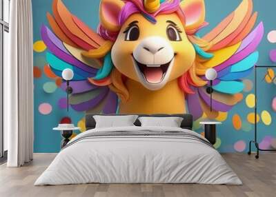 Colorful Cartoon Unicorn with Rainbow Wings Wall mural