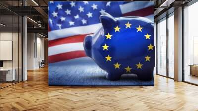 European Union Piggy Bank Against American Flag Wall mural