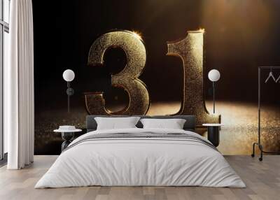 Golden Number 31 Sparkling on Dark Background Wall mural