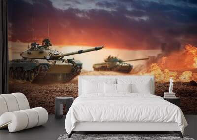 Tanks in Combat at Sunset: A Dramatic Scene Wall mural