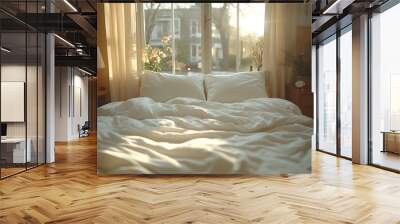 A clean white bed with freshly laundered sheets, cleaning and housekeeping Wall mural