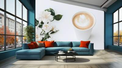 A hot coffee in white paper take out cup, isolated on white background layout with copy space Wall mural