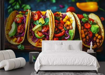 A vegan taco spread with grilled vegetables, avocado, and beans, laid out on a wooden board Wall mural