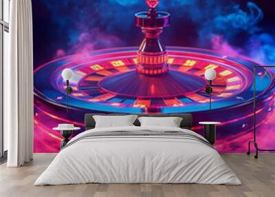 Glowing neon roulette wheel spinning in a dark, smoky casino, hyperrealistic detail banner Wall mural