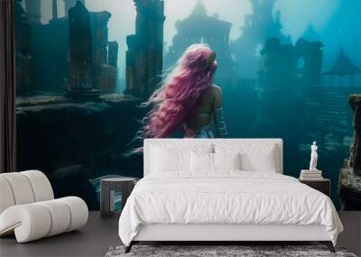 Mermaid with pink hair floating underwater among the ruins. Fairy tale concept, children's books, animated cartoon. AI generated Wall mural