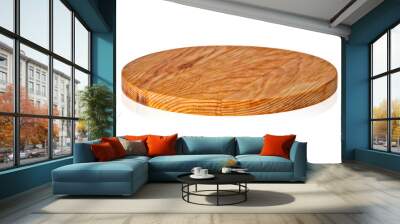 Round pizza board made of natural wood, on a white background Wall mural