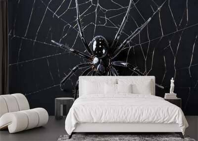 Spider web silhouette against black wall, banner wallpaper with copy space Wall mural