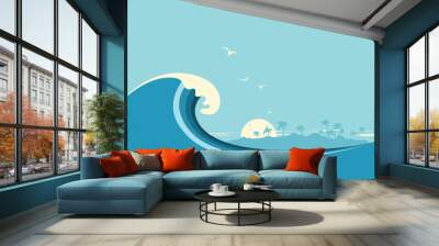 big ocean wave and tropical island.vector blue background Wall mural